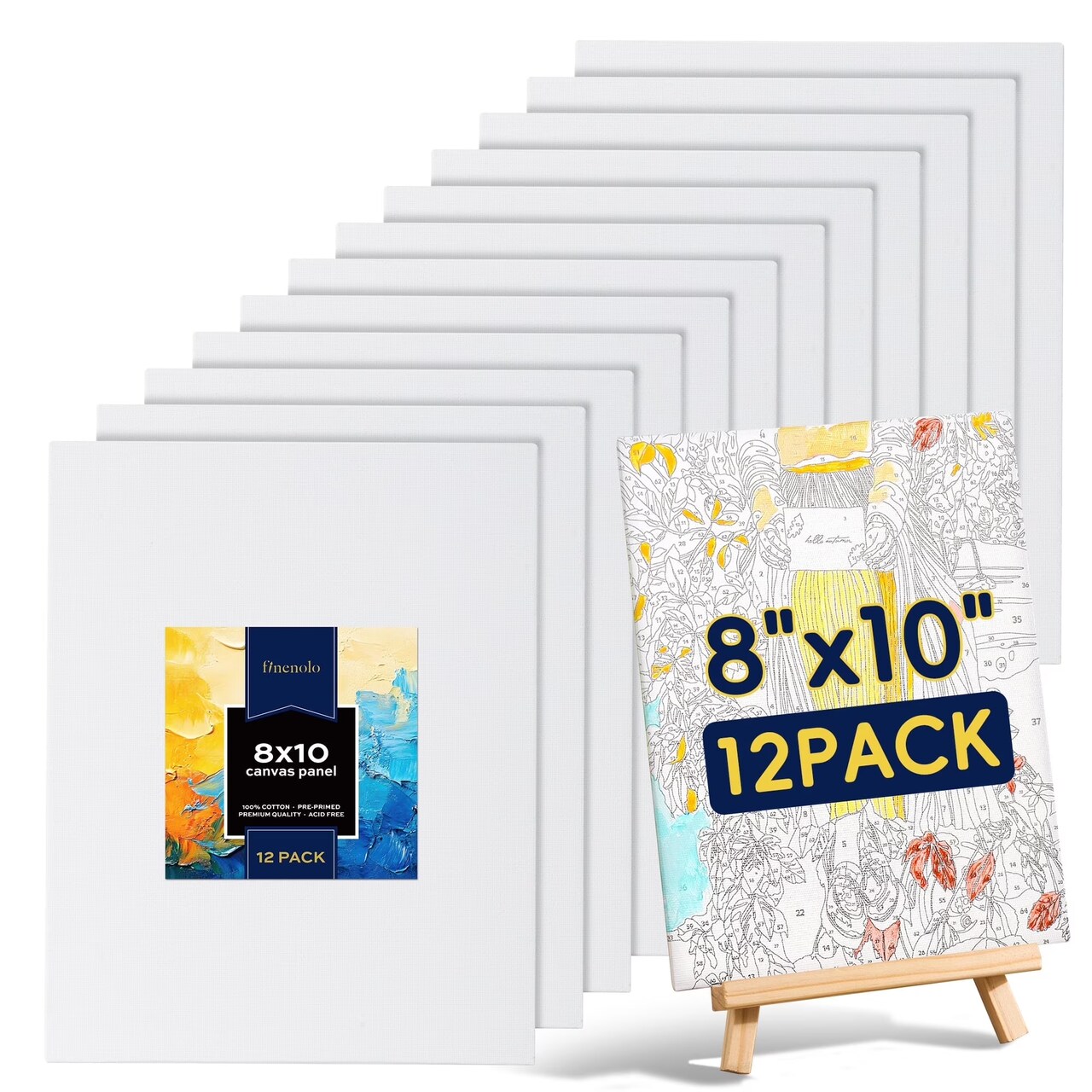 Finenolo 12-Pack Acid-Free Triple Primed Canvas Panels for Painting – 8" x 10" Ready-to-Paint Boards